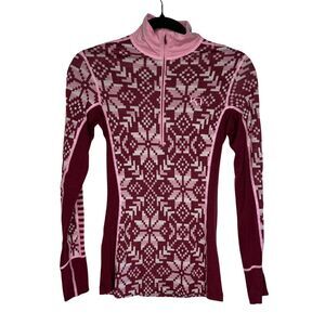 Kari Traa Else Base Layer Top Small Merino Wool Pink/Burgundy Half-Zip Fair Isle